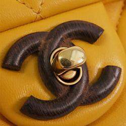 Pre Owned Chanel Yellow Mini Square Lambskin Wenge Wood Flap