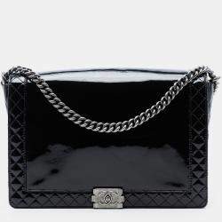 Pre Owned Chanel Black Extra Large Patent Boy Reverso Flap