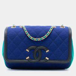 Pre Owned حقيبة شانيل رفرف فيليجري CC جيرسي أزرق صغيرة