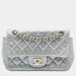 Pre Owned Chanel Silver Mini Rectangular Classic Iridescent Lambskin Single Flap