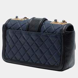 Pre Owned حقيبة رفرف شانيل علامة CC أنيقة جلد حمل مبطن بلونين أزرق متوسط