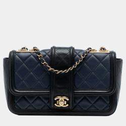 Pre Owned حقيبة رفرف شانيل علامة CC أنيقة جلد حمل مبطن بلونين أزرق متوسط