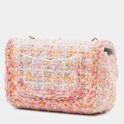 Pre Owned حقيبة شانيل رفرف واحد مجدولة لامعة قماش تويد كلاسيكي مستطيلة صغيرة وردي برتقالي