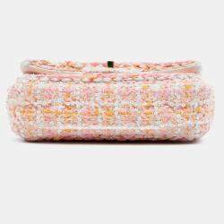 Pre Owned حقيبة شانيل رفرف واحد مجدولة لامعة قماش تويد كلاسيكي مستطيلة صغيرة وردي برتقالي