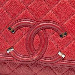 Pre Owned Chanel Red Medium Quilted Caviar CC Filigree Flap