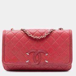 Pre Owned Chanel Red Medium Quilted Caviar CC Filigree Flap