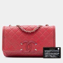 Pre Owned Chanel Red Medium Quilted Caviar CC Filigree Flap