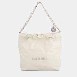 Pre Owned Chanel Handbag 22 Light Grey Shiny Calfskin Leather