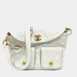Pre Owned Chanel Matelasse Double Pocket 2-Way Hobo Bag Caviar Leather White