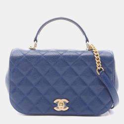 Pre Owned Chanel Matelasse Top Handle Shoulder Bag In Grained Calfskin Leather Blue