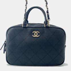 Pre Owned Chanel Handbag Matelasse Coco Mark Bowling Bag Calf Leather