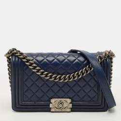 Pre Owned Chanel Boy Medium Dark Blue Quilted Leather Flap Bag