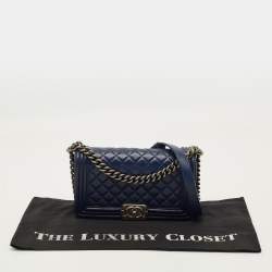 Pre Owned Chanel Boy Medium Dark Blue Quilted Leather Flap Bag