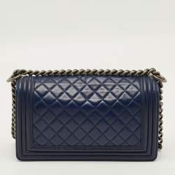 Pre Owned Chanel Boy Medium Dark Blue Quilted Leather Flap Bag