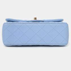 Pre Owned Chanel 2020 Sky Blue Leather Quilted Mini Rectangle Flap Bag