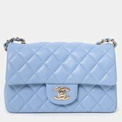 Pre Owned Chanel 2020 Sky Blue Leather Quilted Mini Rectangle Flap Bag