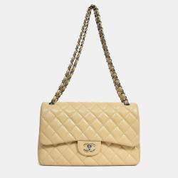 Pre Owned Chanel 2011-12 Beige Caviar Leather Jumbo Double Flap Shoulder Bag