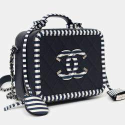 Pre Owned Chanel 2019 Navy/White Caviar Quilted Striped Small CC Filigree Vanity Case