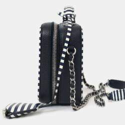 Pre Owned Chanel 2019 Navy/White Caviar Quilted Striped Small CC Filigree Vanity Case