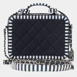 Pre Owned Chanel 2019 Navy/White Caviar Quilted Striped Small CC Filigree Vanity Case