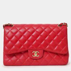 Pre Owned حقيبة شانيال رفر مفردة كلاسيكية كبيرة حمراء من جلد الحمل مبطنة 2015-16