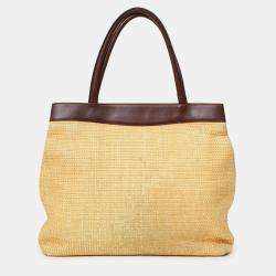 Pre Owned Chanel 1997-99 Beige/Brown Straw/Leather 'CC' Tote