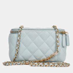 Pre Owned Chanel 2021 Blue Caviar Leather Quilted CC Vanity Top Handle Bag