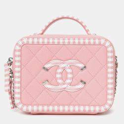مملوكة مسبقًا Chanel 2019 Pink/White Caviar Quilted Striped Small CC Filigree Vanity Case