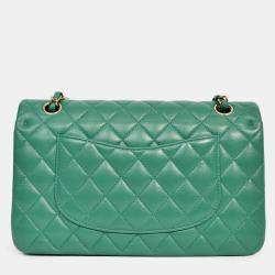 Pre Owned Chanel 2022 Dark Green Lambskin Medium Classic Double Flap Shoulder Bag