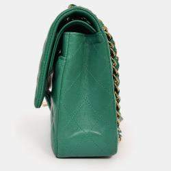 Pre Owned Chanel 2022 Dark Green Lambskin Medium Classic Double Flap Shoulder Bag