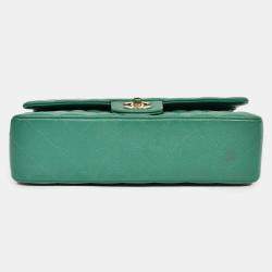 Pre Owned Chanel 2022 Dark Green Lambskin Medium Classic Double Flap Shoulder Bag