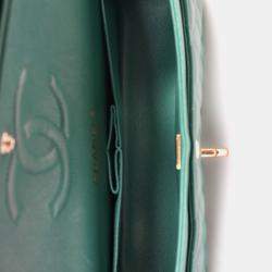 Pre Owned Chanel 2022 Dark Green Lambskin Medium Classic Double Flap Shoulder Bag