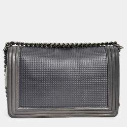Pre Owned Chanel Grey Leather Cube Medium Boy Bag (As Is)