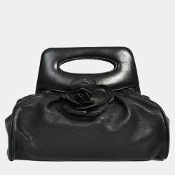Pre Owned Chanel Vintage Black Leather Camellia Frame Clutch Bag