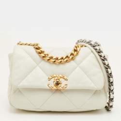 Pre Owned Chanel 19 Small White Quilted Leather Flap Bag
