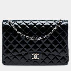 Pre Owned Chanel Blue Maxi Classic Patent Double Flap