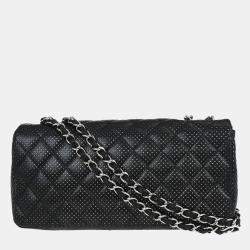 Pre Owned Chanel East West Black Perforated Lambskin Leather Shoulder Bag