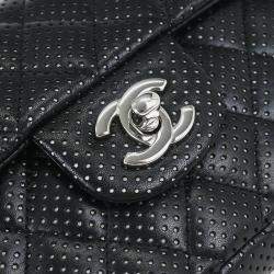 Pre Owned Chanel East West Black Perforated Lambskin Leather Shoulder Bag