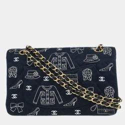 مملوكة مسبقًا حقيبة كتف شانيل أيقونية قماشية زرقاء وسط قلاب مزدوج كلاسيكية