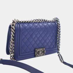 Pre Owned حقيبة شانيل بوي جلد الخراف مبطن أزرق وسط