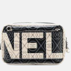 Pre Owned Chanel Black White Coated Canvas Camellia Logo Camera Bag