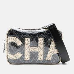 Pre Owned Chanel Black White Coated Canvas Camellia Logo Camera Bag