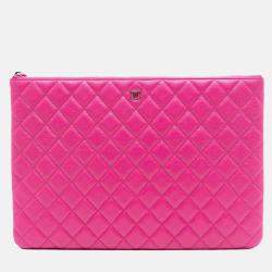 Pre Owned Chanel Pink Large Quilted Caviar O Case Clutch