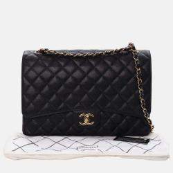 Pre Owned حقيبة كتف جلد أسود شانيل كافيار كلاسيكية ذات اللوحين كبيرة