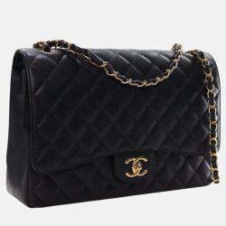 Pre Owned حقيبة كتف جلد أسود شانيل كافيار كلاسيكية ذات اللوحين كبيرة