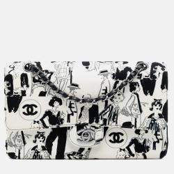 Pre Owned شانيل كوكو مادوموازيل بحجم متوسط قماش اسود وابيض مع رفرف مزدوج