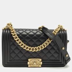 Pre Owned Chanel Boy Medium Black Quilted Caviar Leather Flap Bag