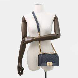 Pre Owned Chanel Boy Mini Navy Caviar Leather Chain Shoulder Bag