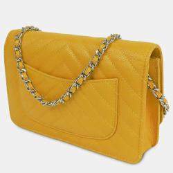 Pre Owned محفظة شانيل سلسلة بحرفين CC صفراء بشيفرون كافيار