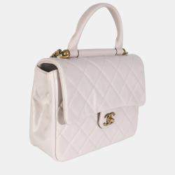 Pre Owned Chanel Light Pink Quilted Glazed Calfskin Medium Gold Bar Top Handle Flap Bag